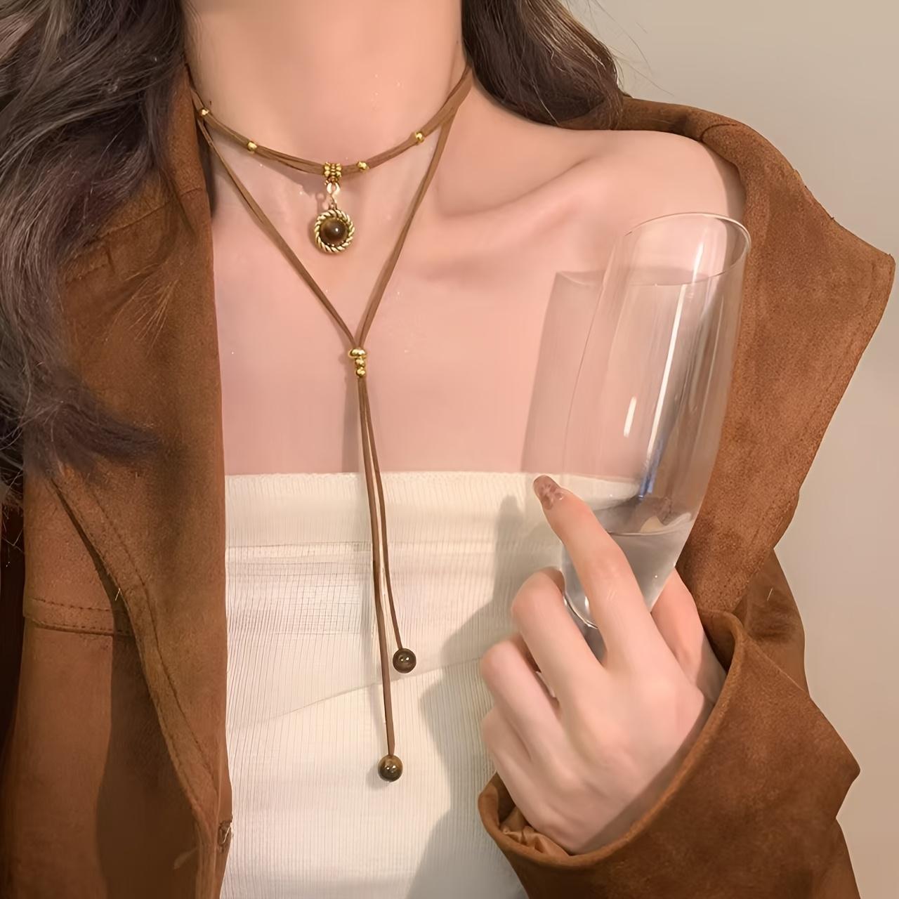 Двухслойное layered ожерелье в ретро-стиле, Регулируемая веревка Meilad, Ретро-нишевое двухслойное ожерелье, Простой круглый кулон Fashionable Brown