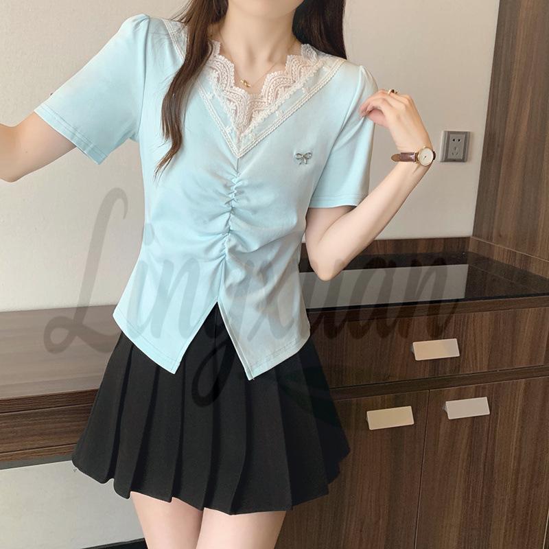 2026 Summer Plus Size Women s Korean Bow Lace Ruffle Short Sleeve T-shirt L Plus Size