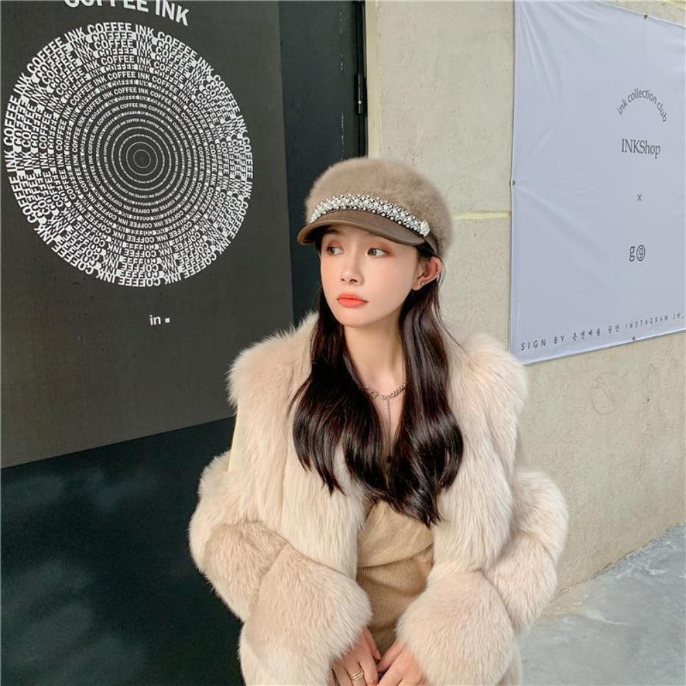 Women's Hats Fall and Winter Plush Flat Top Navy Hat Fashion Versatile Pearl Cap Lace Winter Star Anise Beret
