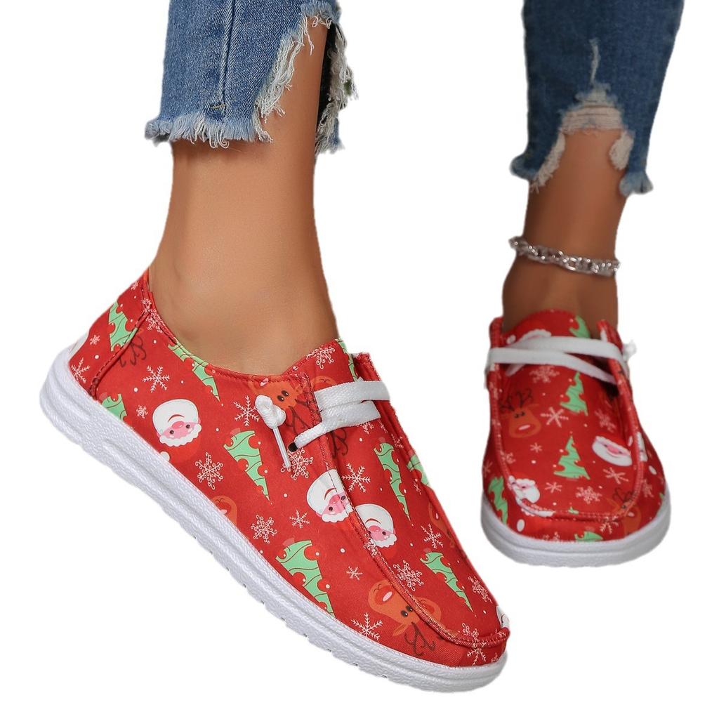 Large Size Casual Single Shoes for Women's Autumn New Santa Claus Printing Round Head Flat Bottom Comfortable Single Shoes for Women