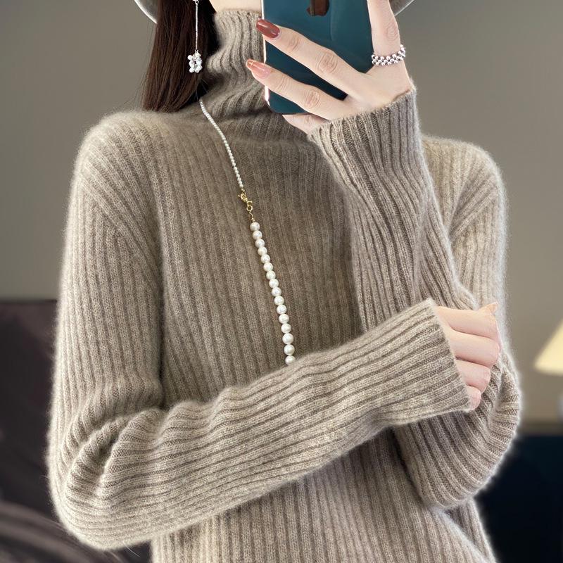Women's High-Neck Wool Sweater: Seven-Needle Double-Strand, Thickened Vertical Rib Knit, Loose Fit, Long-Sleeved Autumn/Winter Base Layer.