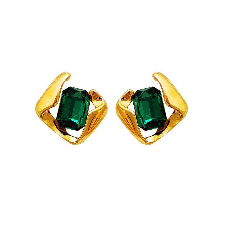 Retro Hollow High-End Green Crystal Stud Earrings, Unique Design Imitation Silver Needle Earrings, Light Luxury High-End Earrings