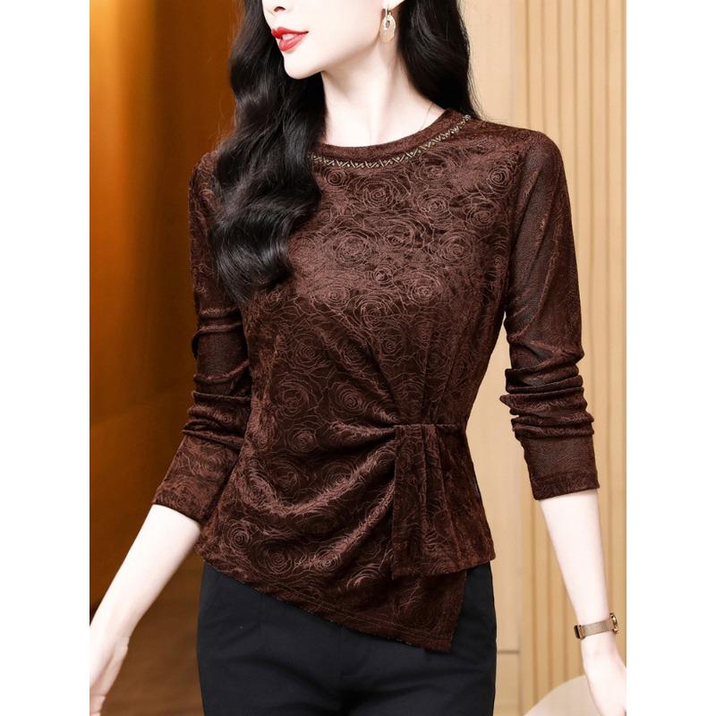 

Новый круглый вырез с бусинами-гвоздиками и модная универсальная бархатная футболка с длинными рукавами, женская футболка-пуловер высокого класса 3XL