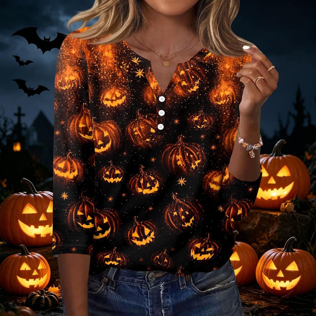 Women's Casual Halloween Print V Neck Button Three Quarter Sleeve T Shirt Top Lightweight Soft Fabric Comfortable Fit
