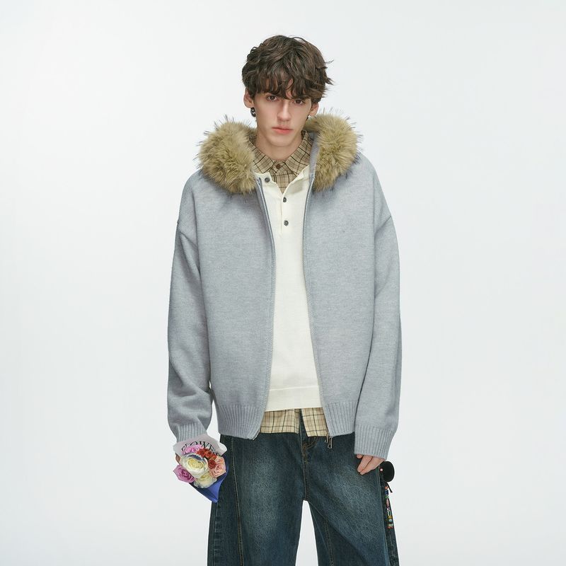Dream Made American Style Detachable Fur Collar Hooded Cardigan Sweater Jacket Men's Autumn and Winter Couple Knitwear