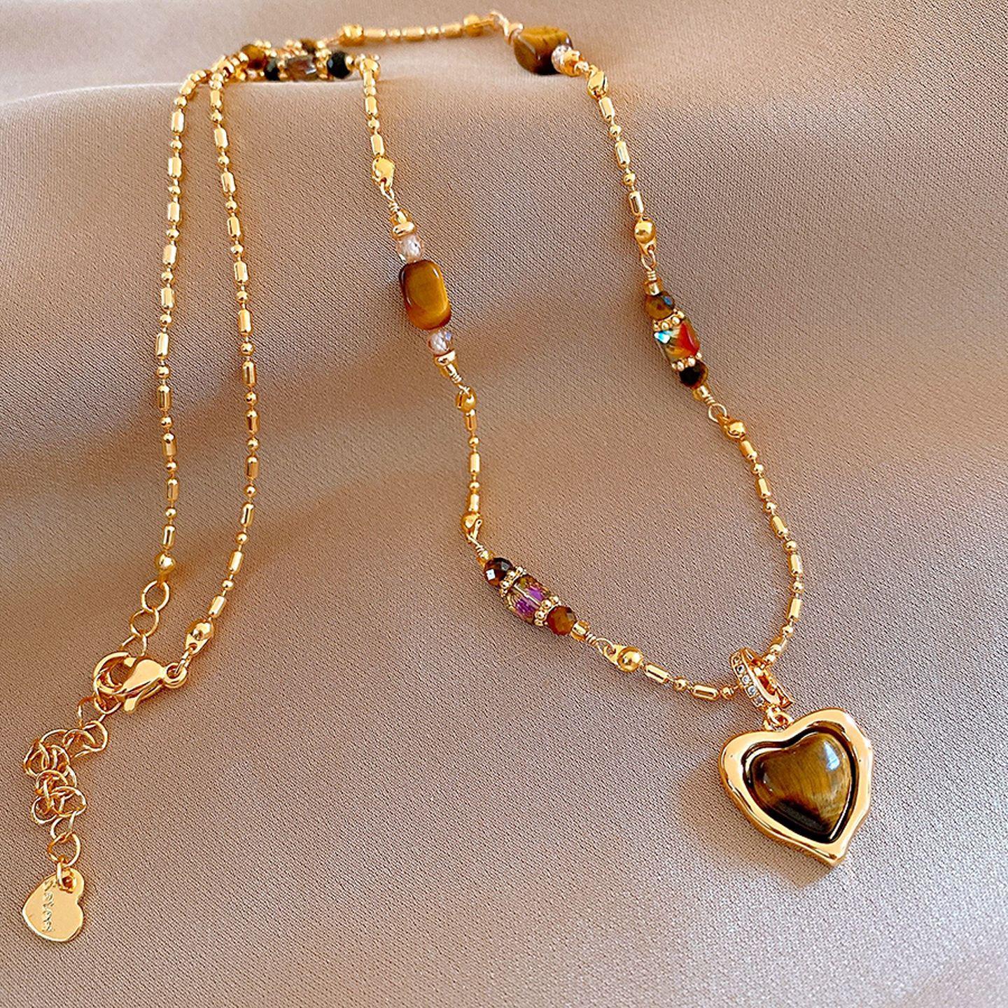 

Maillard style retro tiger s eye stone beaded love necklace women s sweater chain necklace