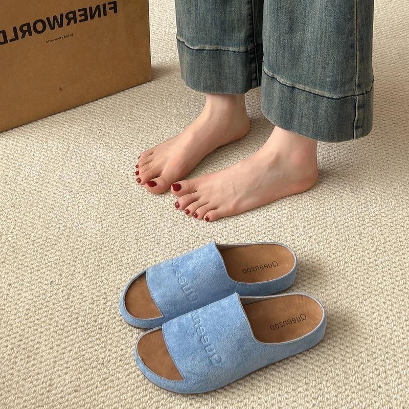 Retro niche yellow frosted leather one-word open-toed platform slippers women's summer wear casual shoes cool slippers