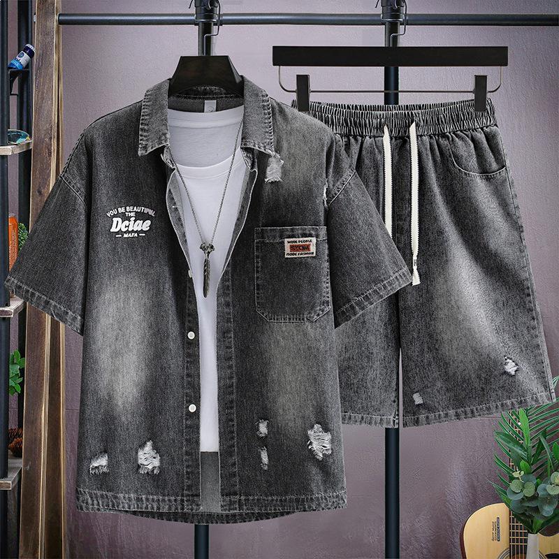 Men's High-Quality Summer Harajuku Denim Set: Shirt & Shorts (2026)