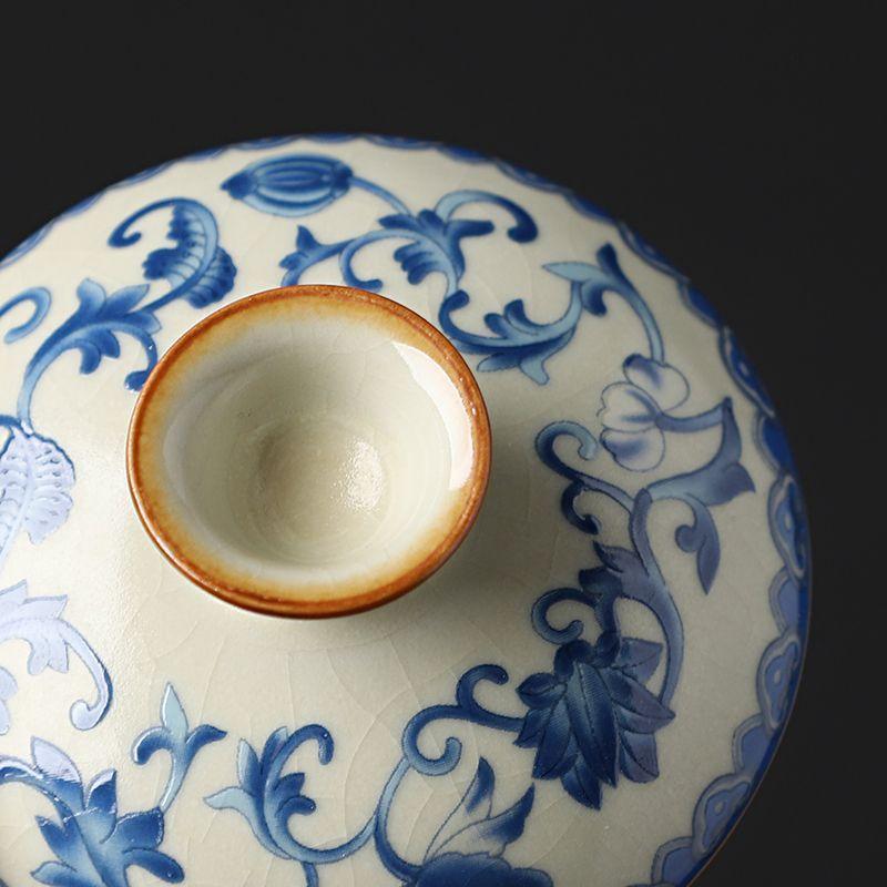 1PC Blue and white Ru kiln gongfu three-piece covered bowl tea cup Chinese style gongfu tea-making bowl