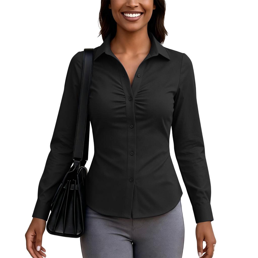 Women's Slim Fit Button Down Shirt Long Sleeve Collared Blouse Stretchy Office Workwear Top with Ruched Front Design