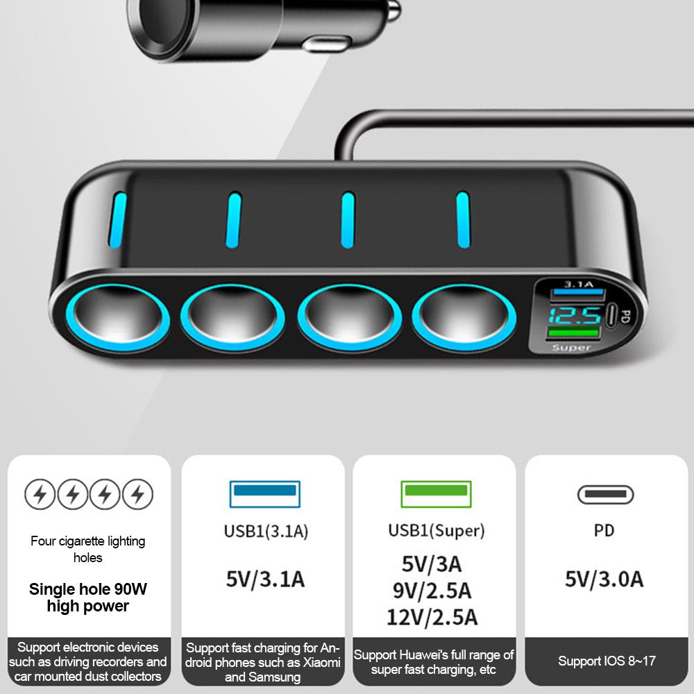 150W Car Charger Adapter 7 In 1 Cigarette Lighter Splitter PD30W/QC 3.0 Fast Charger 12V/24V DC Cigarette Outlet