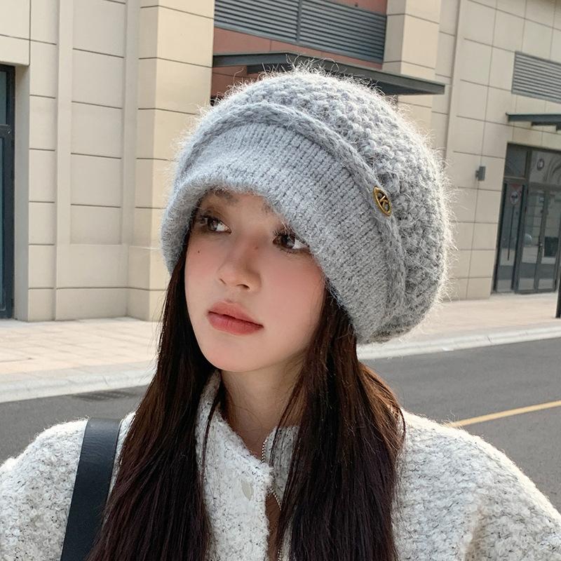 Französische Strickmütze Damen Herbst und Winter Doppelwollmütze Warmer Ohrenschutz