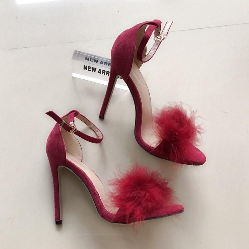 Fashion 2025 Nightclub Party Sexy Feather High-Heeled Sandals European And American One-Line Fish-Mouth High-Heeled Sandals Women'S Plus