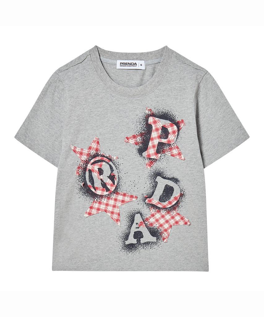 PRENDA Prda Spray Big Patch Check Star Crewneck Tee Melange Gray