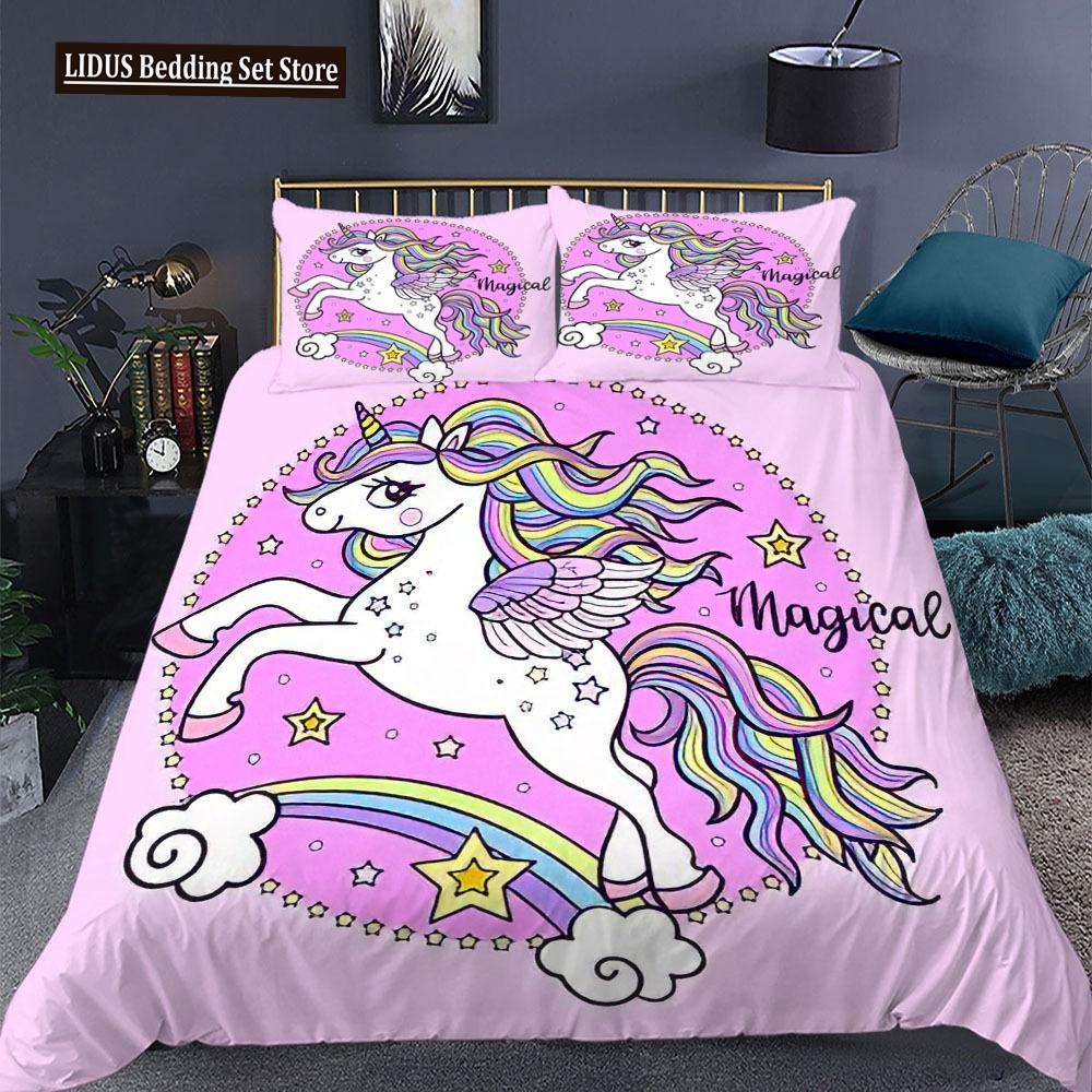 Zestaw poszwy na kołdrę Jednorożec Rozmiar King Queen Różowy Nadruk 3D Słodki Jednorożec Gwiazda Tęcza Chmura Dla Dzieci Dziewcząt Chłopców Poliestrowy Zestaw Pościeli