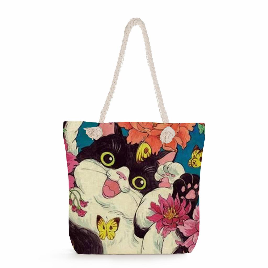 Cat Print Thick Rope Single-shoulder Beach Bag 7266 KTB