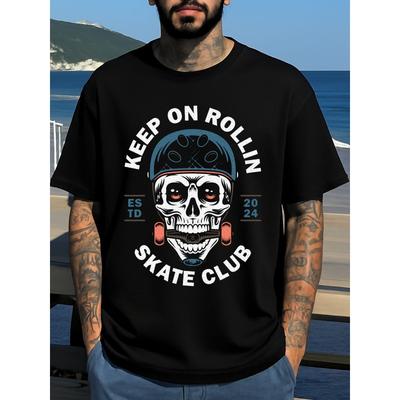 Europäische Größen Herren Lustiges Skateboarding Grafik-T-Shirt -Vintage Skate Club Design mit Totenkopf & Skateboard-Print