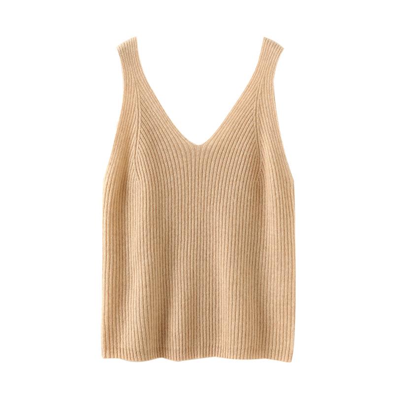 Women’s V-Neck Cashmere Camisole Sweater - Fitted, Sleeveless with Elegant Back Design for Autumn & Winter