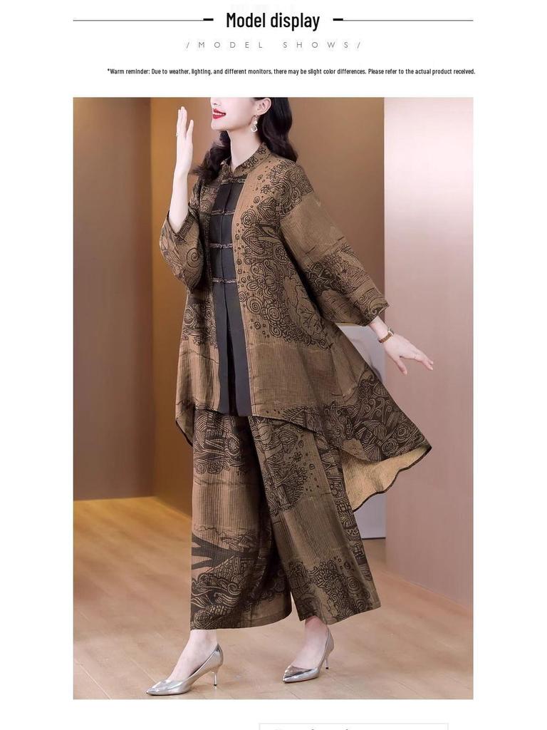 Lady's Spring 2025 Plus Size Retro Two-Piece: Irregular Top & Wide-Leg Pants Set