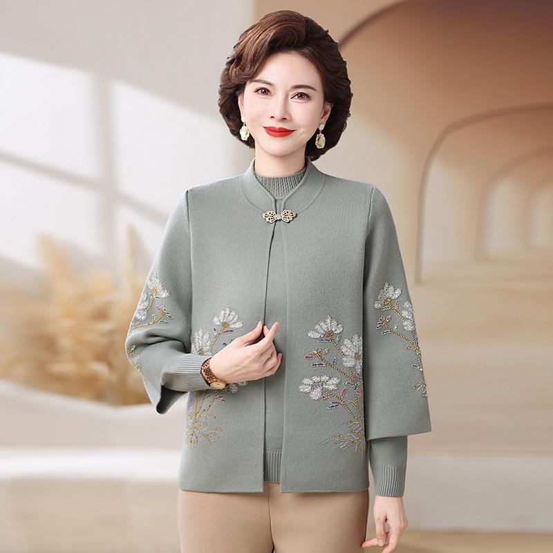 Mom's 2025 Autumn/Winter Knitted Cardigan with Embroidery for Middle-Aged and Elderly Women
