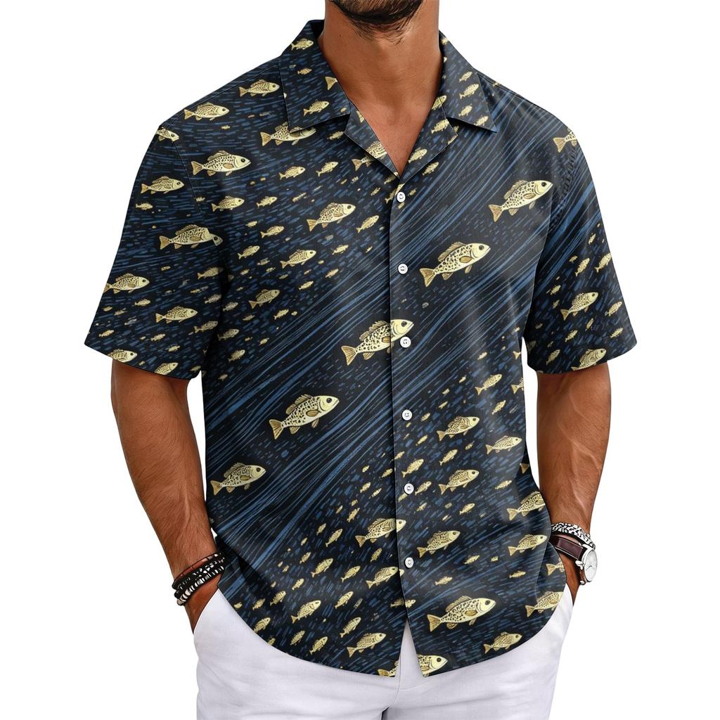 Men's Hawaiian Print Cuban Collar Shirt Short Sleeve Button Down Casual Beach Shirt Lightweight Breathable Fabric for Summer