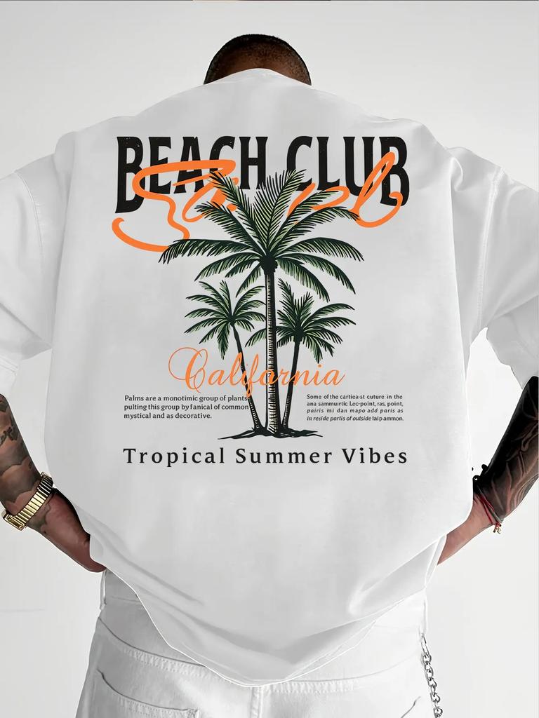 2026 Men's Premium Cotton Oversized Tee "Beach Club California" Tropical Print Soft Breathable