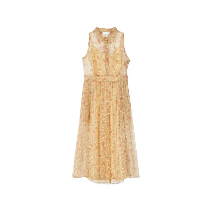 LANGZI Floral Sleeveless Shirt Collar Midi Dress