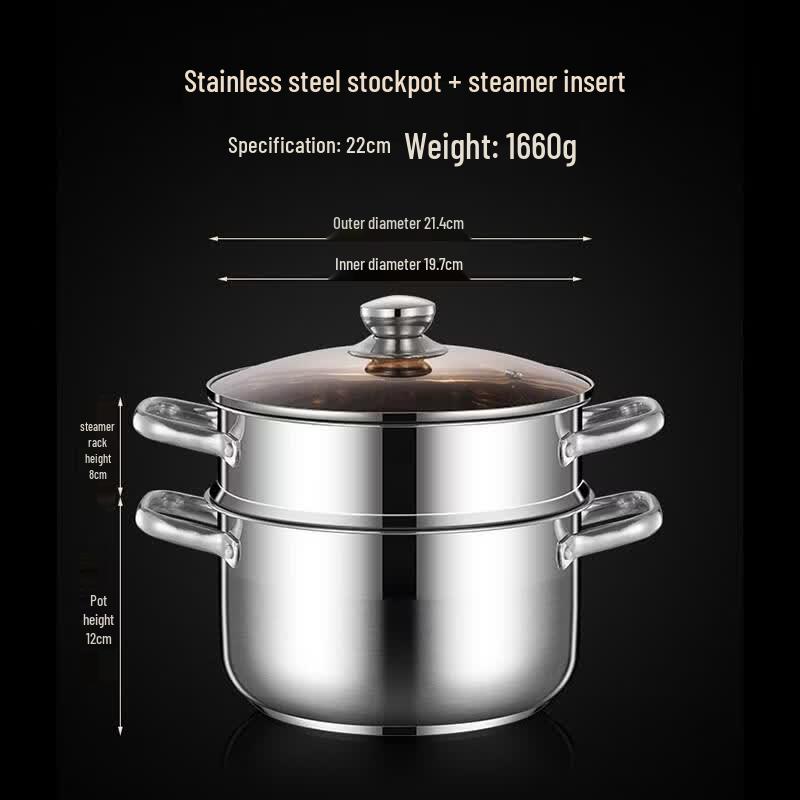 HANDUNYOU 22cm Stainless Steel Saucepan with Steamer Rack