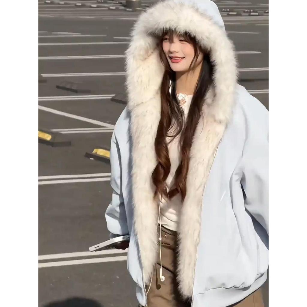 American Style PU Leather Fur Collar Cotton Jacket - Unisex Winter Outerwear, Velvet Lined, Thickened for Warmth.