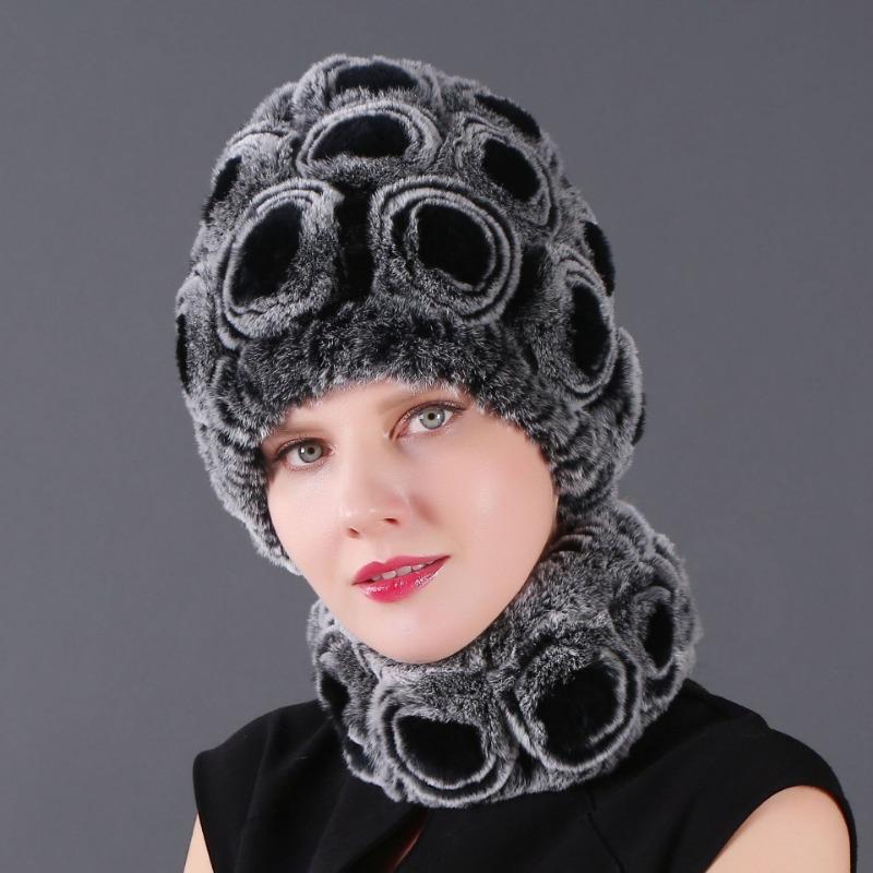 Rex Rabbit Rose Hat and Flower Scarf Set Specializing in the production of Rex Rabbit Scarf Hat Two-piece Adult Hat
