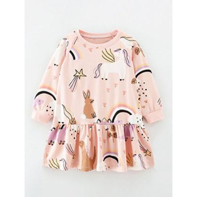 Girls' Pink Long-Sleeved Dress Baby Unicorn Cartoon Pure Cotton Dress Autumn Kidsren's T-Shirt Dress 6