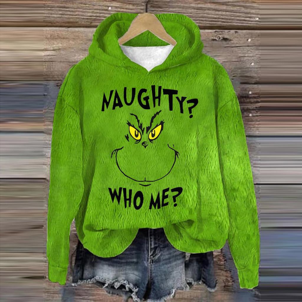 Damenmode, lässig, langärmelig, weihnachtlich bedruckt, Flanelloberteil mit Kapuze