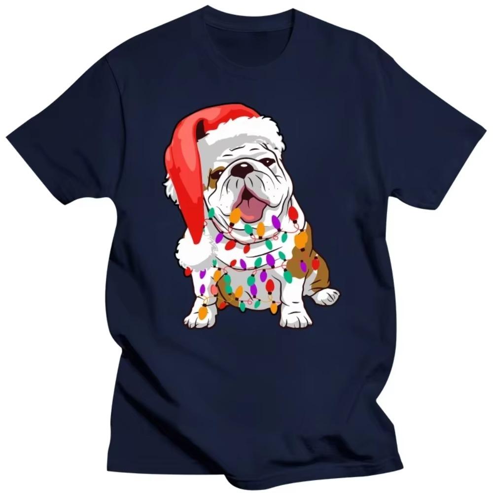 Cute Bulldog Christmas Lights Dog T Shirts Summer Graphic Cotton Streetwear Short Sleeve Birthday Gifts T-shirt Mens Clothing