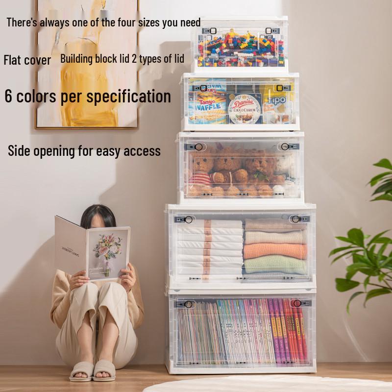 Side-Opening Transparent Storage Box with Lid for Clothes, Toys, and Books - Large Plastic Organizer for Wardrobes.