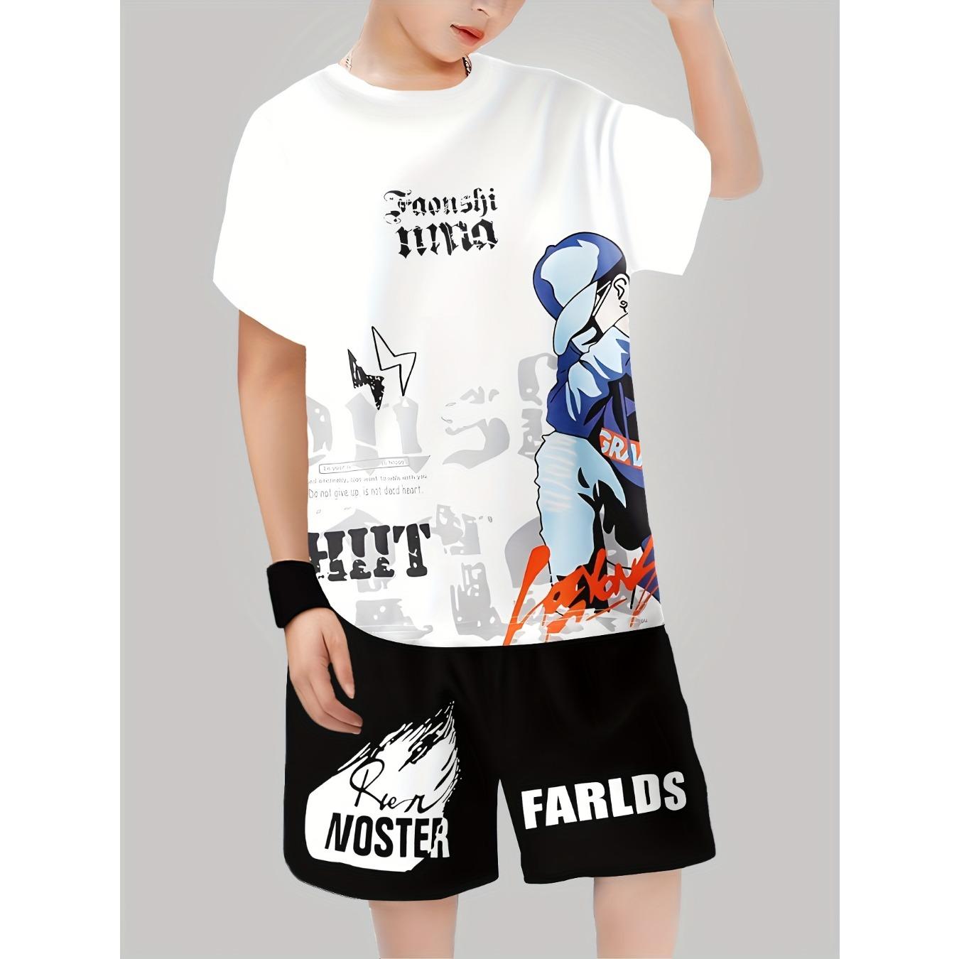 

Fashionable 3D Digital Print Boys Short Sleeve Shorts Youth Outfit, 2pcs Set, Perfect Outdoor 13-14Y