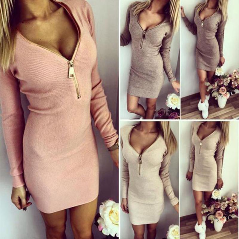 Women Zip Up V Neck Long Sleeve Knitted Bodycon Party Evening Mini Tops Dress