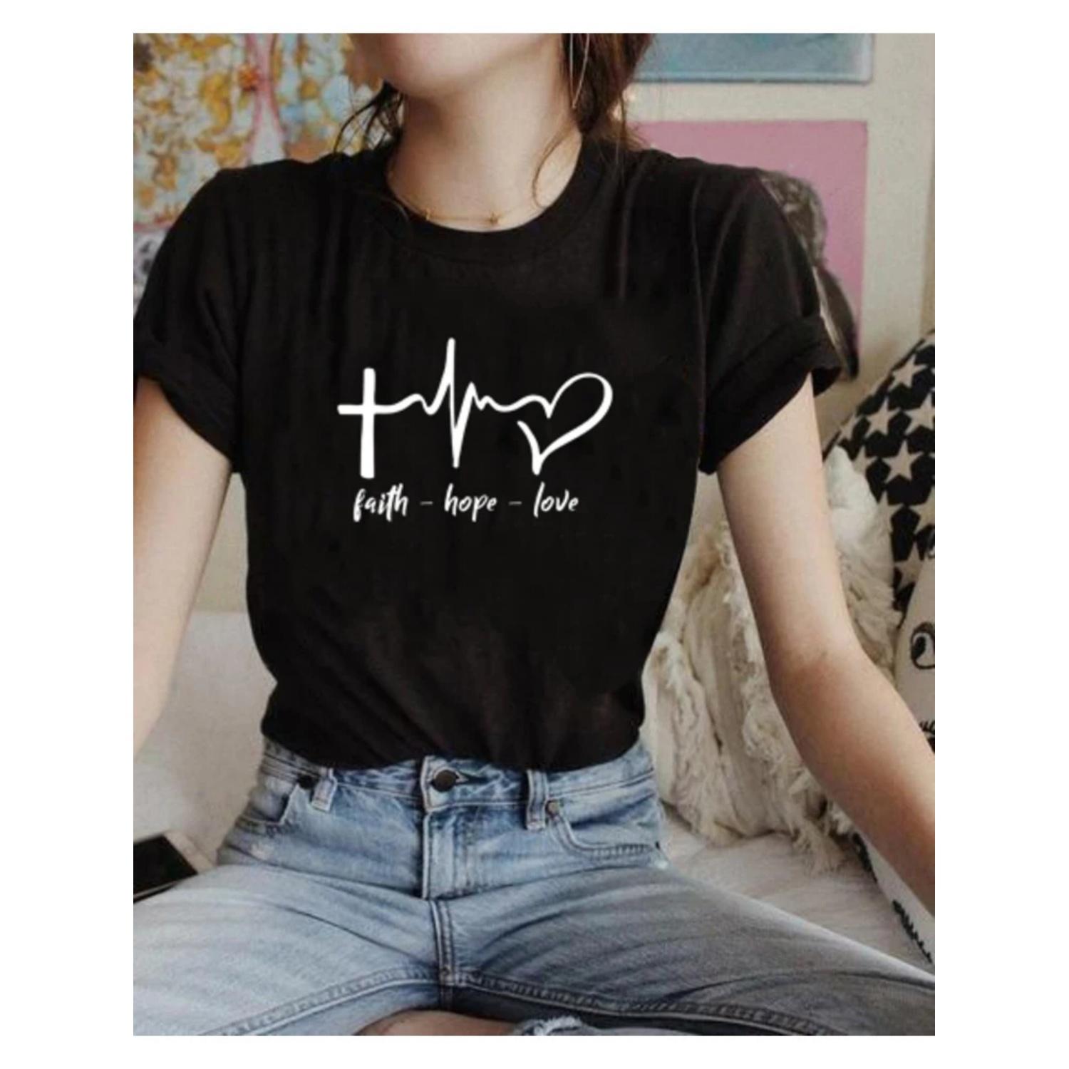 Faith Hope Love Women Christian Tshirt Faith Hope Love Heartbeat Tee Inspirational Slogan Women Fashion Graphic Jesus Faith Tee S