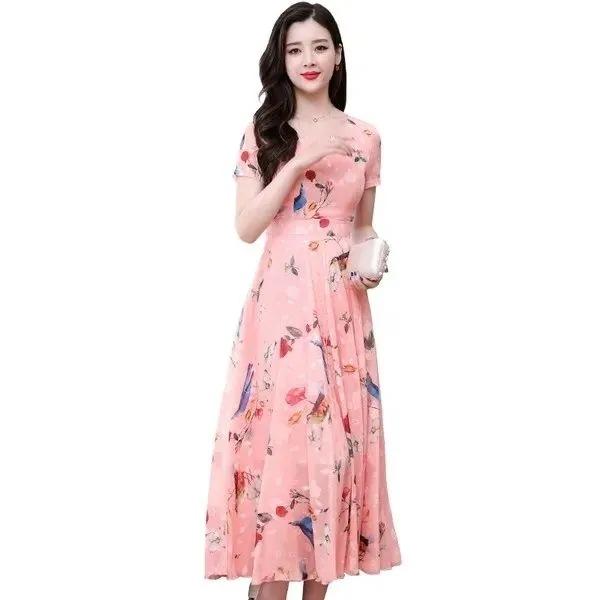 Short-sleeved Printed Ice Silk Dress Temperament 2026 Summer Women's Clothing New Fashion and Thin Floral Medium and Long Dress Age Reduction