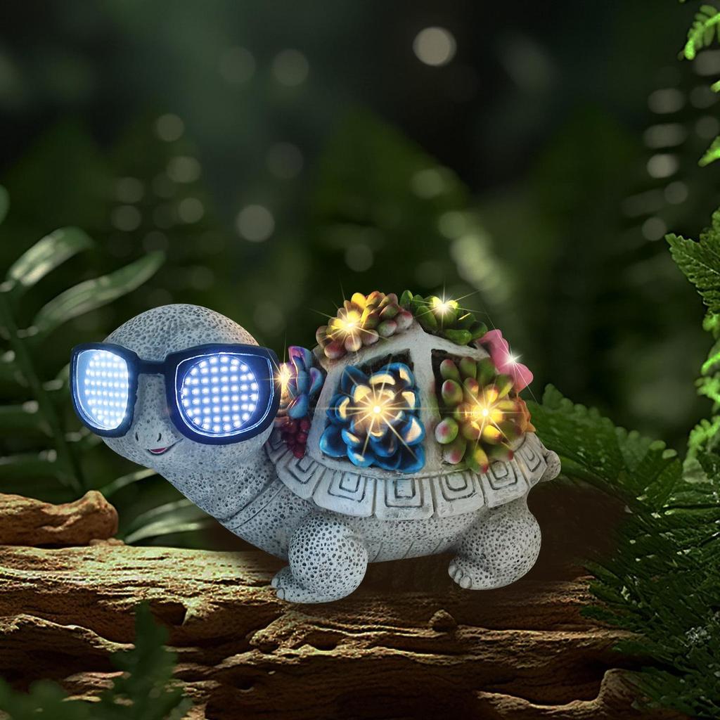 Solar-Powered Outdoor Turtle Resin Statue with Succulent Figurine and Decorative Light
