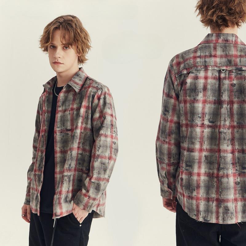 Spring and Autumn Men's Plaid Long Sleeve Retro Rave Loose Lap Collar Shirt Jacket