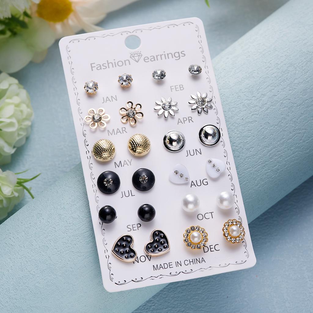 12 Pairs/set Crystal Simulated Pearl Stud Earring Sets For Women Shiny Rhinestone Flower Moon Star Metal Earring Mixed Zircon