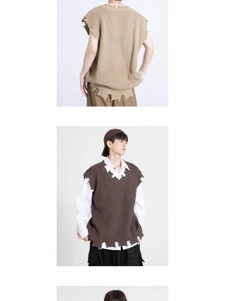 Herren Japanischer Retro Used-Look Strick V-Ausschnitt Ärmellose Weste - Trendige Frühjahrs-/Herbst-Oberbekleidung