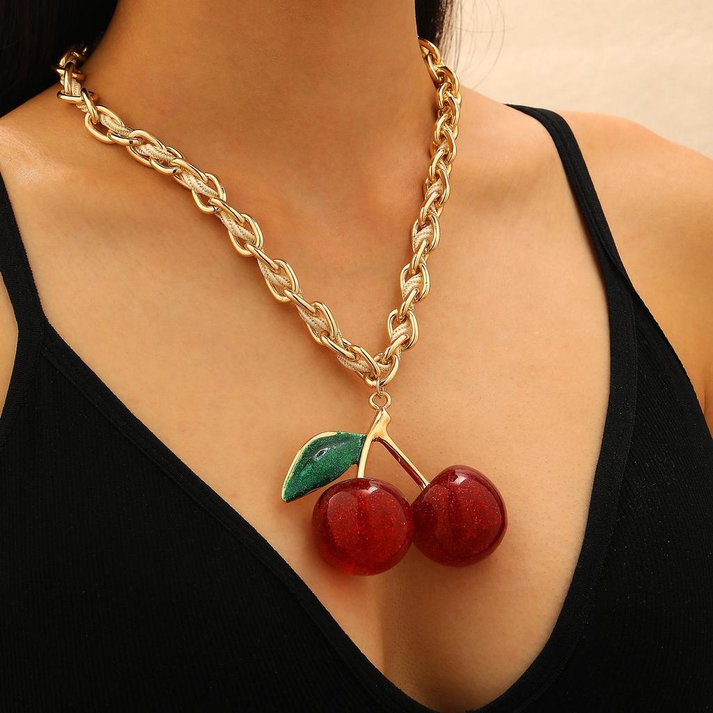Fashionable Exaggeration Red Cherry Fruit Pendant Personalized Thick Chain Necklace For Women
