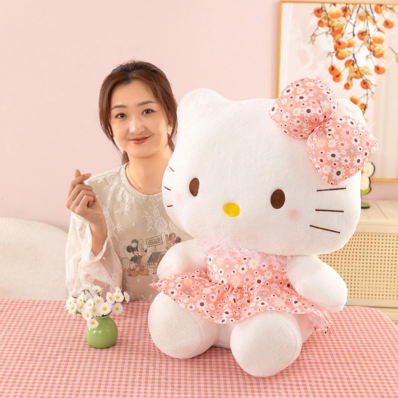 60cm Sanrio Kawaii Hello Kitty Plush Toy Stuffed Doll with Strawberry Plaid Skirt Cute KT Cat Baby Girl Kids Birthday Gifts