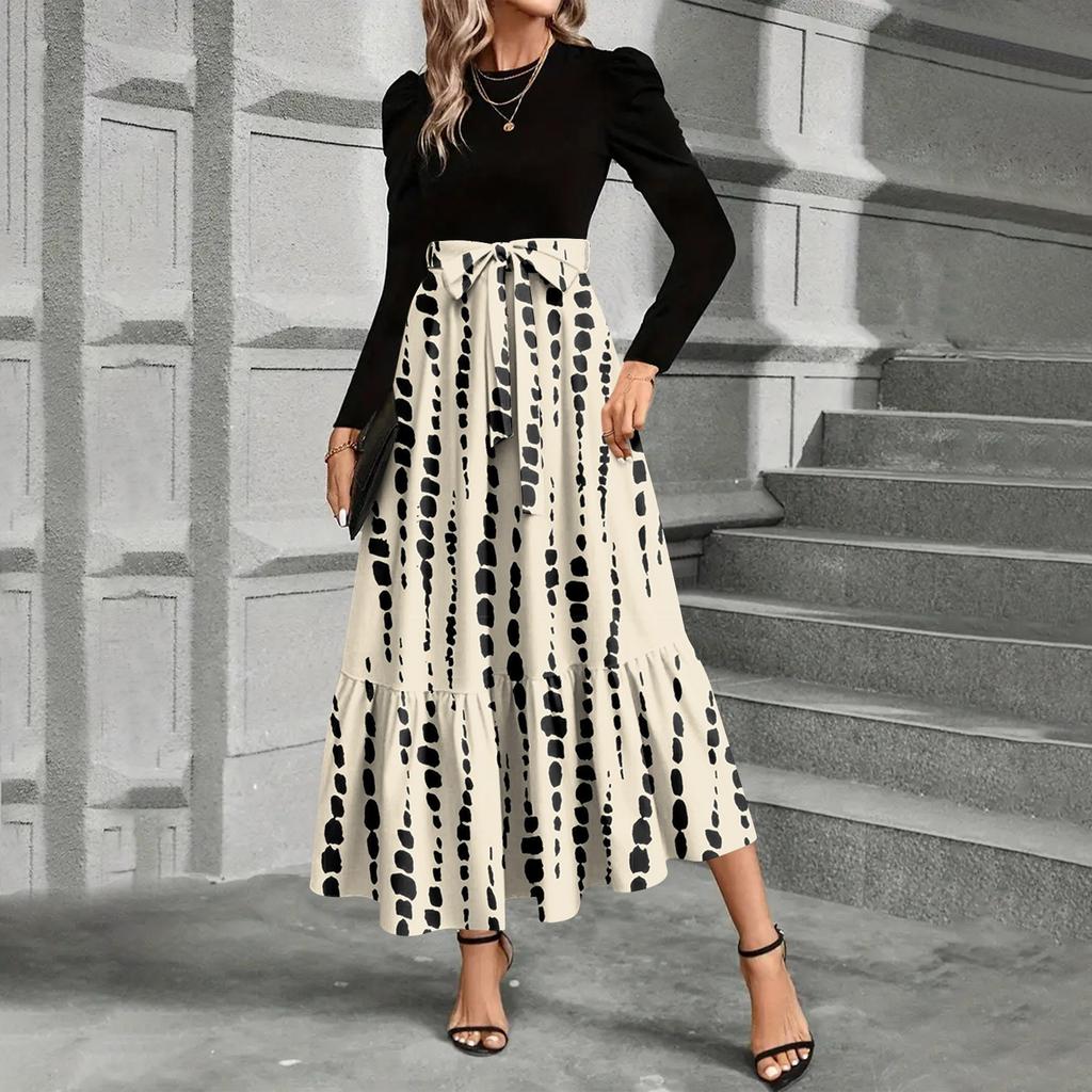 Sukienka damska z nadrukiem kwiatowym i wysokim stanem, modna i elegancka