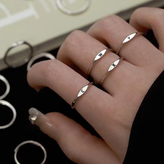 Yousheng Women Ring Simple Style Bright Luster Geometric Smooth Polished Adjustable Decorative Gift Alphabet A-Z Letters Initial Name Finger Ring