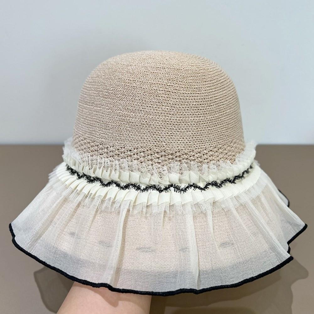 

Trendy Sun-protective Woman s Fisherman Cap Breathable Elegant Straw Hat Lace trim Versatile Beach Cap for Outdoors бежевий