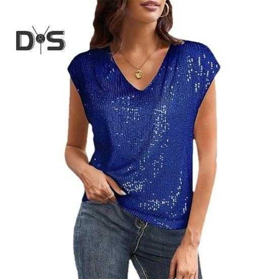 Women Vest Sparkling Sequin Tank Top V Neck Short Sleeve Elastic Party Tops Summer Loose Fit Vest Daily Wear