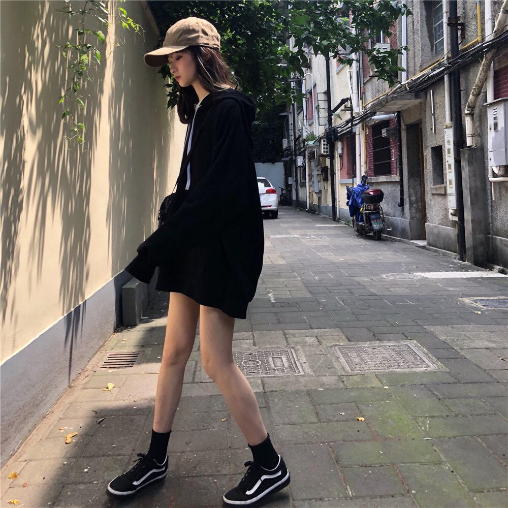2025 Autumn Women's Korean Style Thin Long Sleeve Hoodie - Solid Color, Versatile, Mid-Length, Loose Fit.