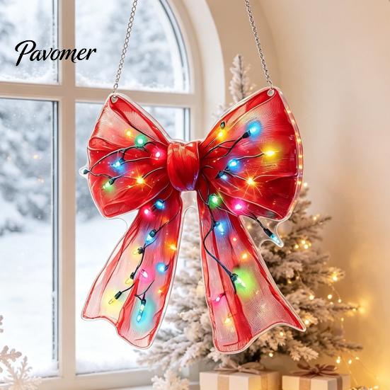 Hanging Bow Ornaments for Porch Christmas Acrylic Ornament, 2D Flat Decoration Colorful Lantern Print Bows Tree, Window, Wall Holiday Home Decor
